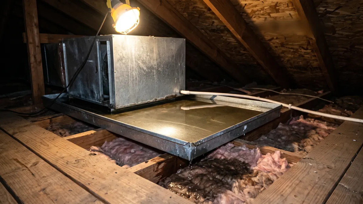 Attic air handler sitting in a brim-full emergency drain pan wicking onto the insulation
