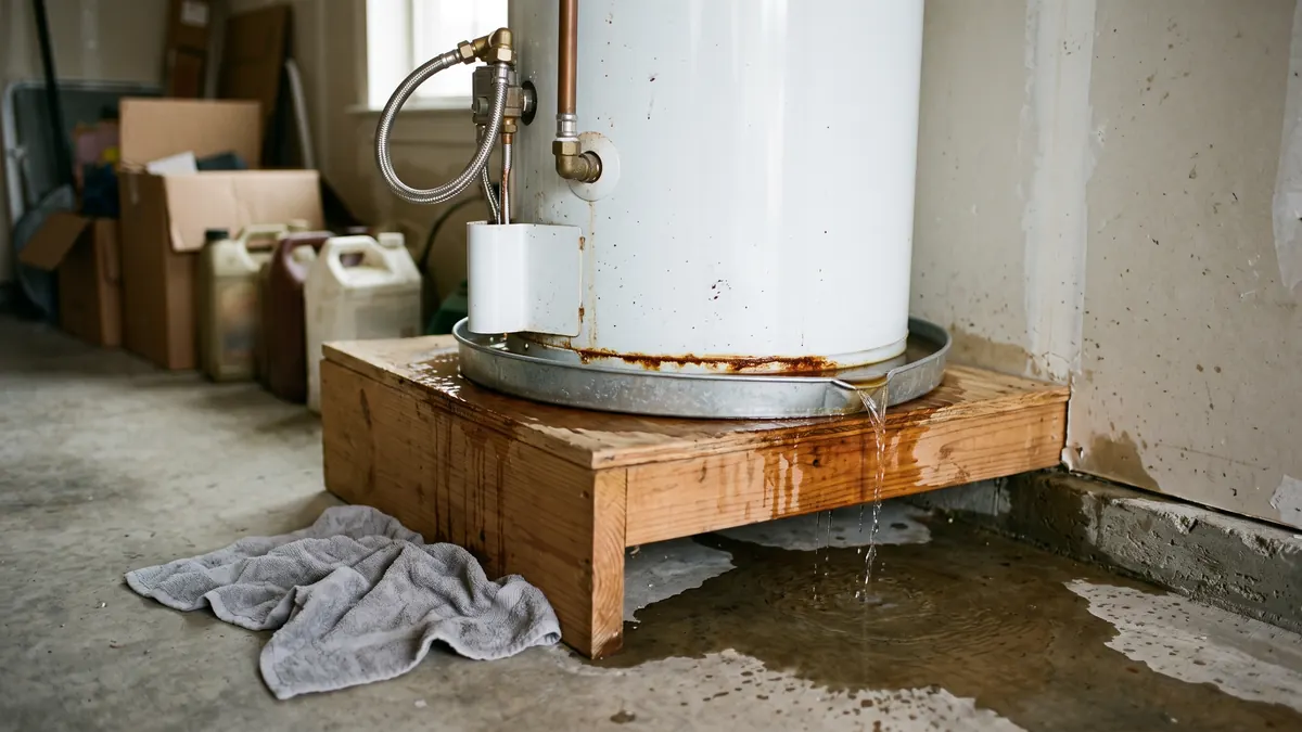 Aging water heater overflowing its drain pan onto a garage floor in an Allen home