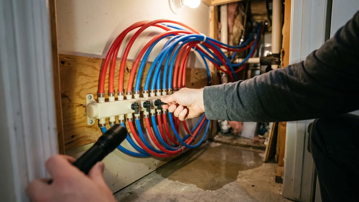 Hand turning a valve on a PEX manifold in a utility closet by flashlight
